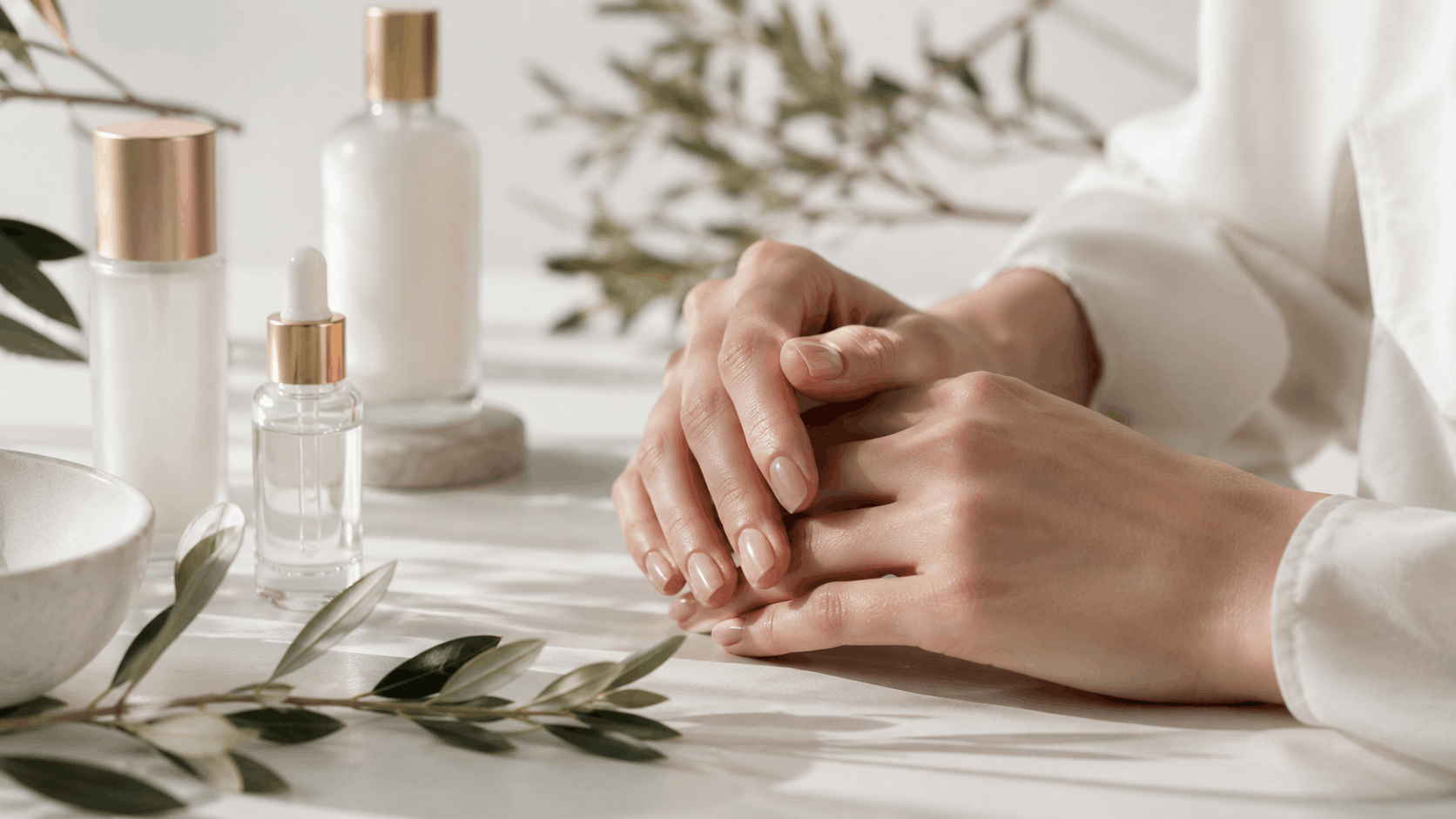 Mani curate con manicure naturale e cosmetici essenziali su fondo chiaro
