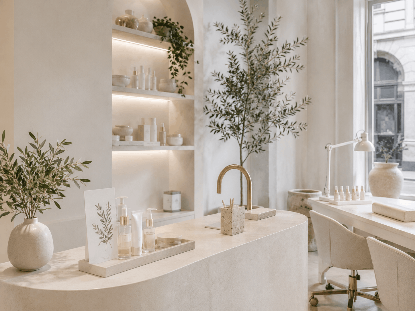 Bancone beauty boutique con prodotti essenziali e dettagli oliva
