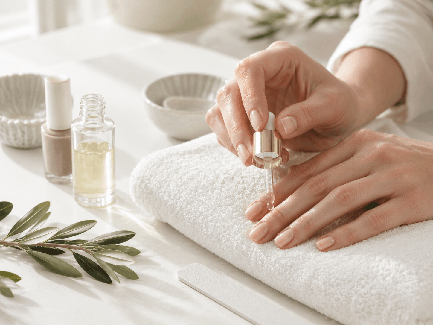 Trattamento manicure con olio cuticole e strumenti ordinati