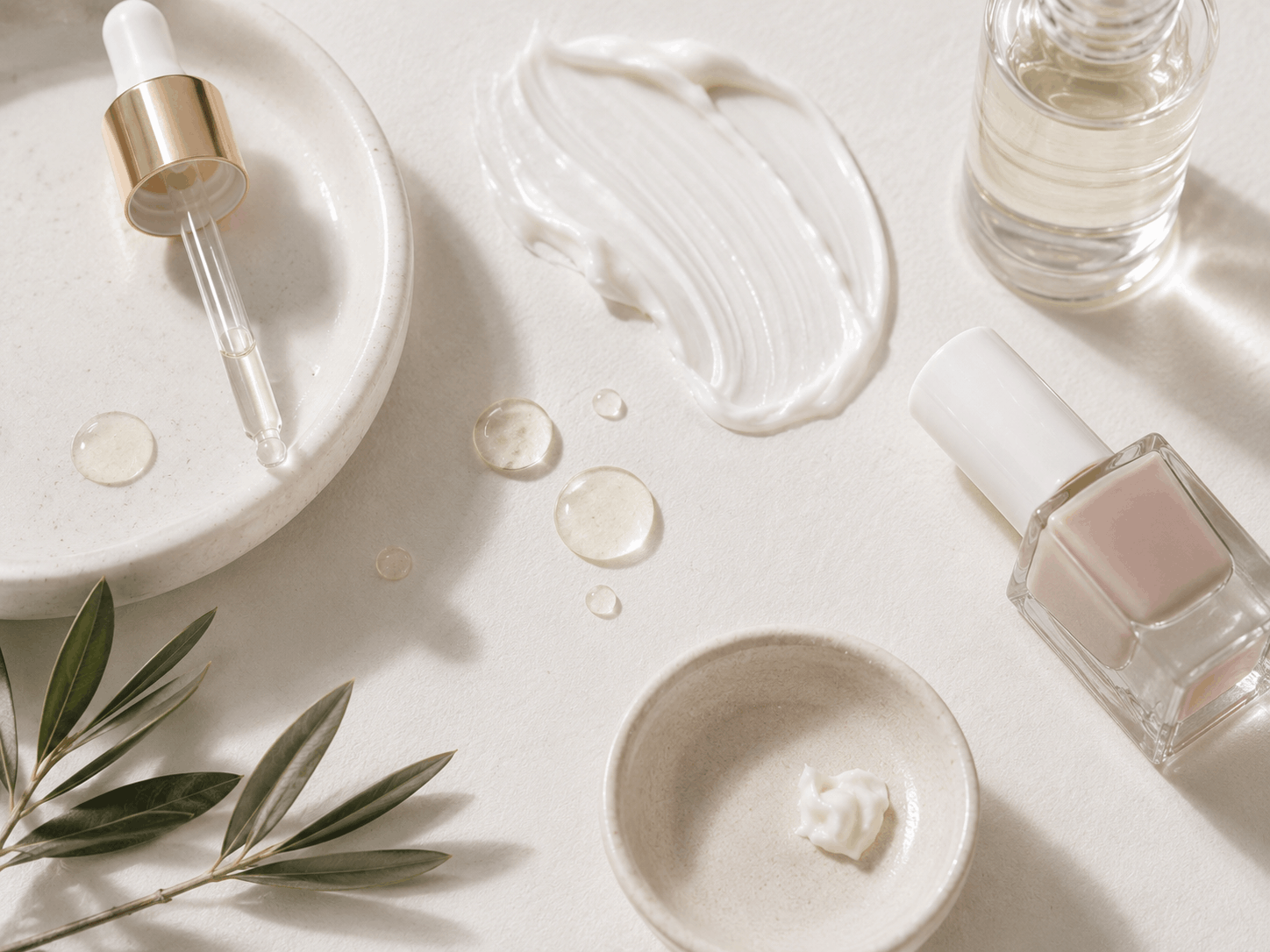 Texture di creme, oli e smalti in composizione clean beauty
