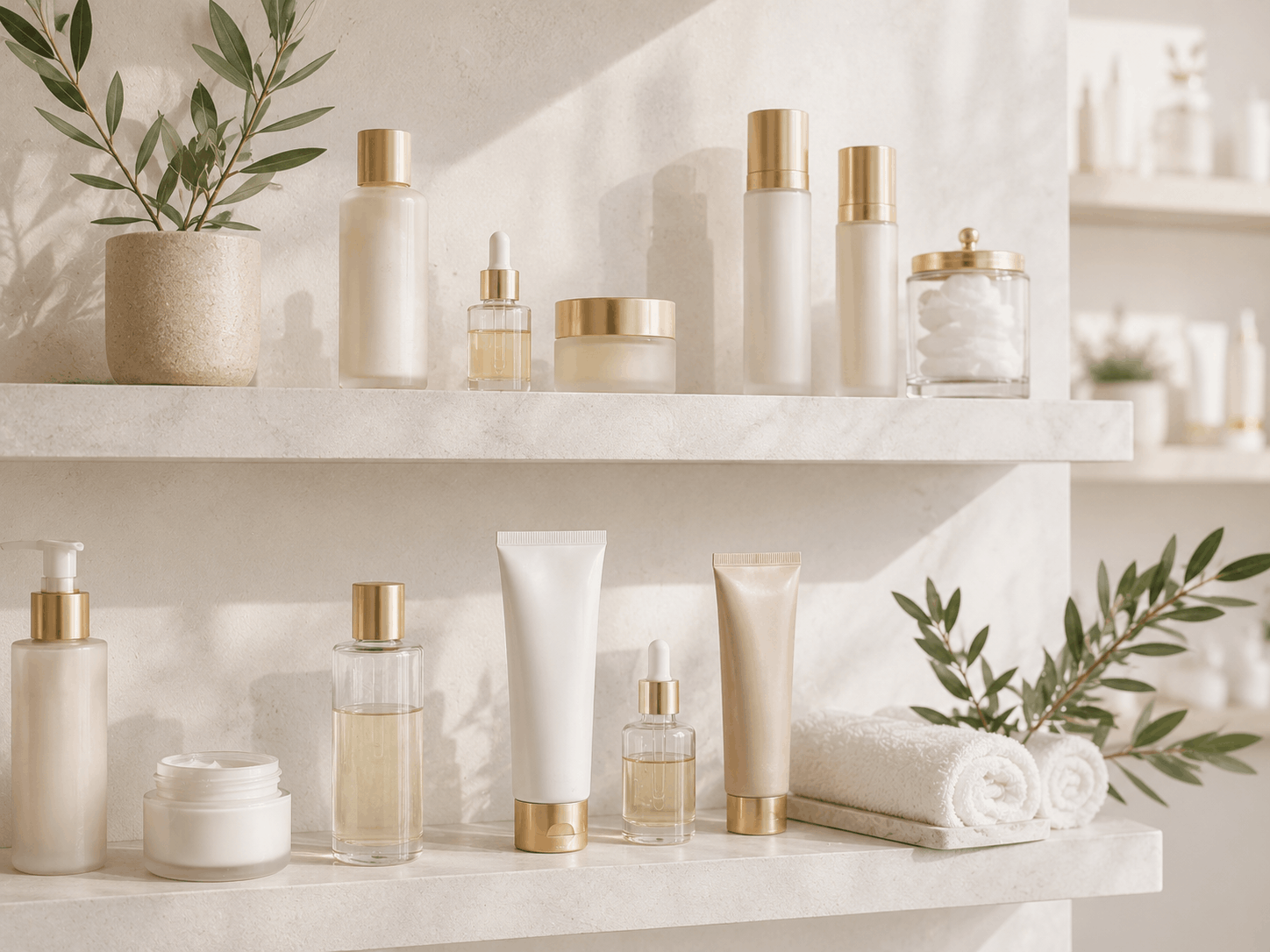 Mensola minimalista con skincare e cosmetici in palette oliva